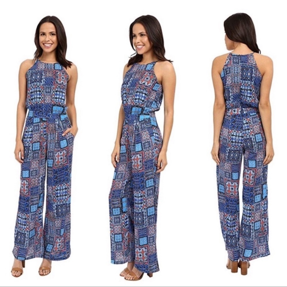KUT FROM THE KLOTH GRETA JUMPSUIT SZ 6 HALTER TOP PLEATED SIDE POCKETS BLUE RED